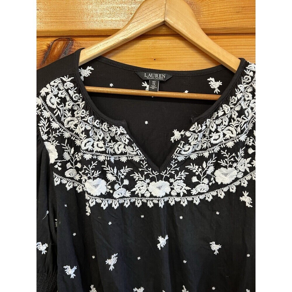 Lauren Ralph Lauren Embroidered Jersey Tie Neck Boho Top Black/White Size 1X - Picture 3 of 5